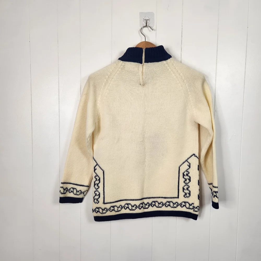 Vintage Fair Isle Nordic Ski Turtleneck Sweater Beige 1970s 1980s Size Small - Picture 5 of 10